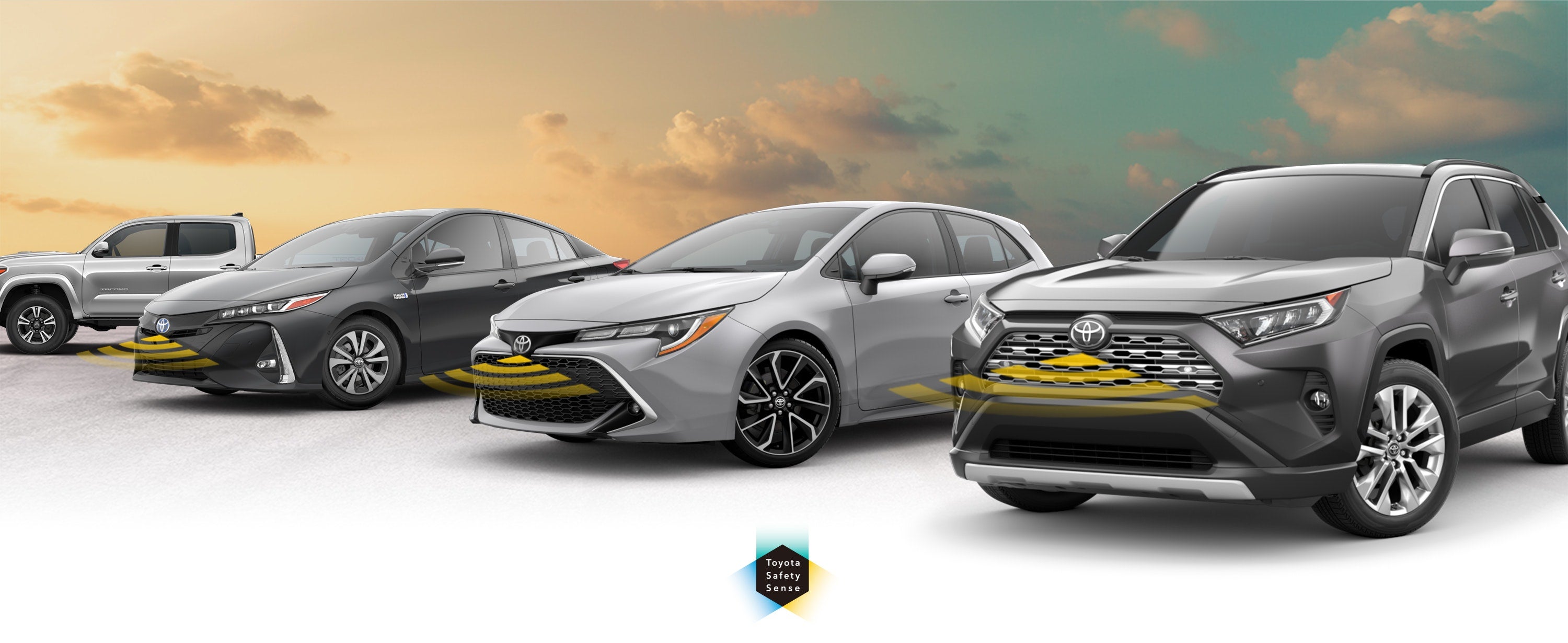 Toyota Safety Sense: Designed for Safety. Options shown on Toyota models including RAV4, Tacoma, and Camry, available now at Toyota of Muncie in Muncie IN.